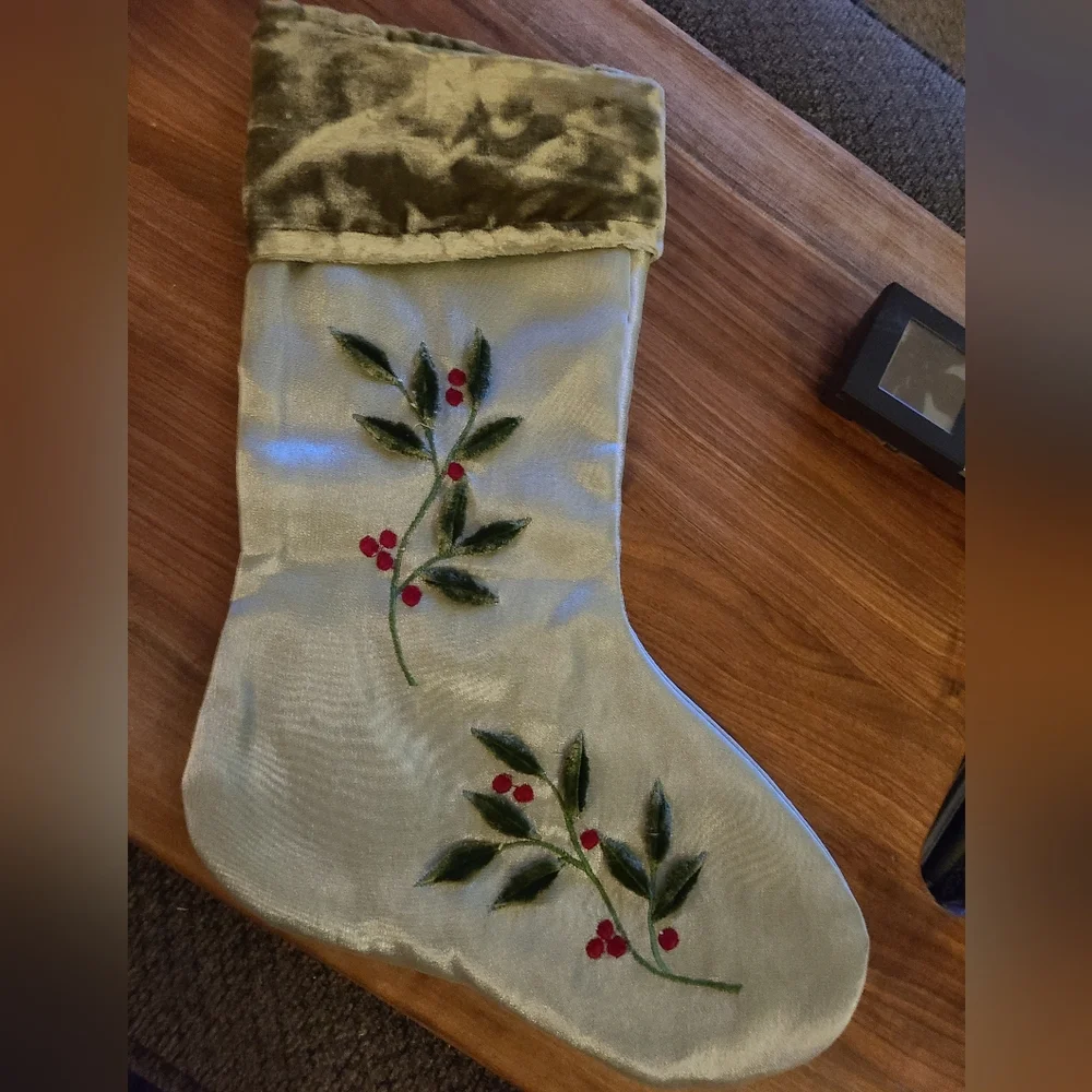 Christmas Stocking Satin And Velvet‎ With Embroidered Holly And Berries